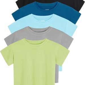 Real Essentials 5 Pack: Women's Dry Fit Crop Top - Short Sleeve Crew Neck Stretch Athletic Tee (Available in Plus Size)