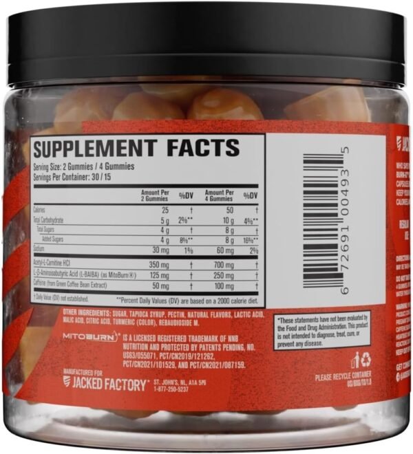 Jacked Factory Burn-XT Weight Loss Gummies - Thermogenic Fat Burner & Appetite Suppressant Gummies with Acetyl-L-Carnitine HCL, MitoBurn, & Caffeine - 60 Gummies, Tangerine Sour - Image 9