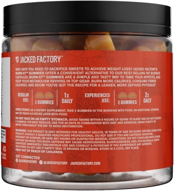 Jacked Factory Burn-XT Weight Loss Gummies - Thermogenic Fat Burner & Appetite Suppressant Gummies with Acetyl-L-Carnitine HCL, MitoBurn, & Caffeine - 60 Gummies, Tangerine Sour - Image 8