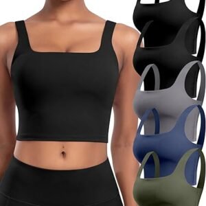 Womens Sports Bras 5 Packs - Square Neck Longline Workout Crop Tank Tops Padded Yoga Camisole with Built in Pads