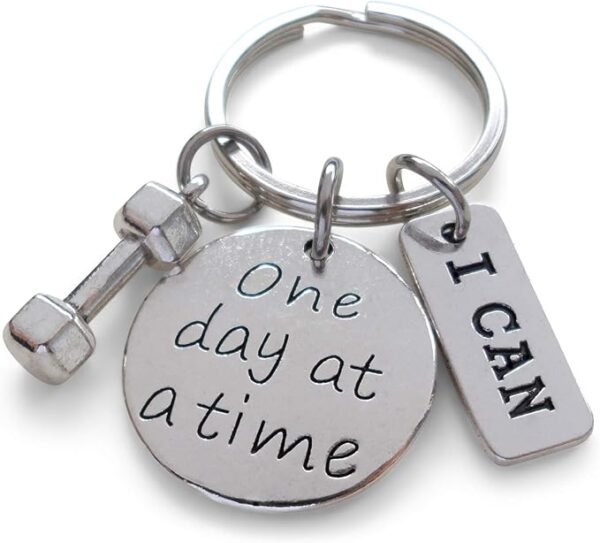 I can & One Day At A Time Fitness Encouragement Keychain with Weight Charm, Health Keychain - Image 3