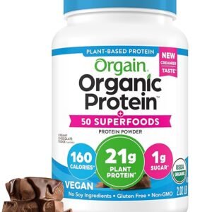 Orgain Organic Vegan Protein + 50 Superfoods Powder, Creamy Chocolate Fudge - 21g Plant Based Protein, 9g Prebiotic Fiber, No Lactose, Gluten Free, No Added Sugar, 2.02 lb (Packaging May Vary)