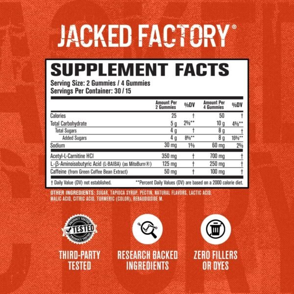 Jacked Factory Burn-XT Weight Loss Gummies - Thermogenic Fat Burner & Appetite Suppressant Gummies with Acetyl-L-Carnitine HCL, MitoBurn, & Caffeine - 60 Gummies, Tangerine Sour - Image 6