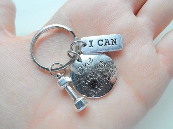 I can & One Day At A Time Fitness Encouragement Keychain with Weight Charm, Health Keychain - Image 2
