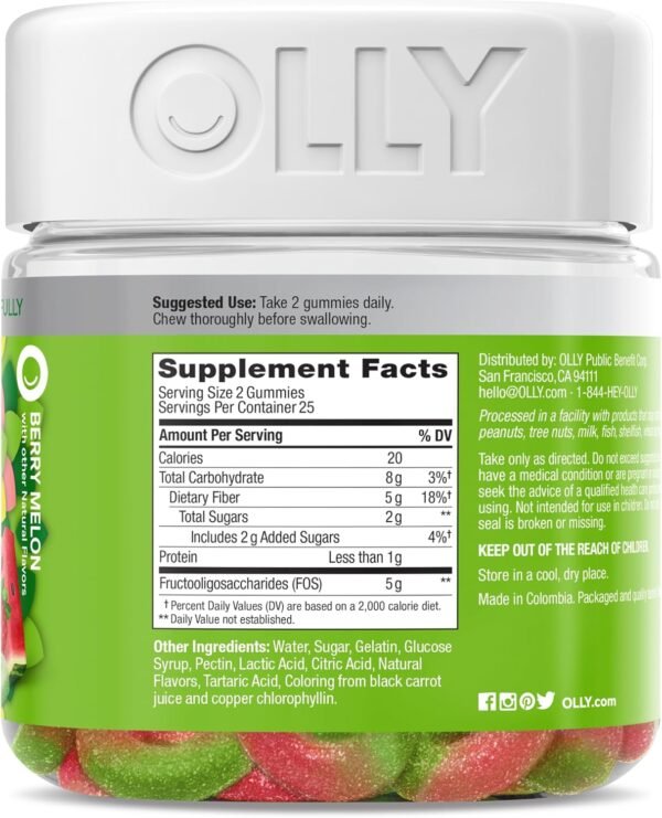 OLLY Fiber Gummy Rings, 5g Prebiotic Fiber, FOS (Fructo-oligosaccharides), Digestive Support, Berry Melon 50ct - Image 7