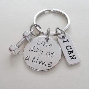 I can & One Day At A Time Fitness Encouragement Keychain with Weight Charm, Health Keychain
