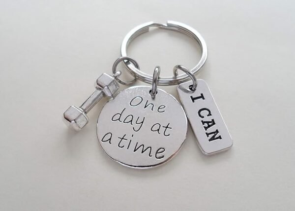 I can & One Day At A Time Fitness Encouragement Keychain with Weight Charm, Health Keychain