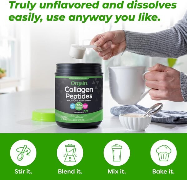 Orgain Hydrolyzed Collagen Peptides Powder For Women & Men, 20g Grass Fed Collagen, Unflavored - Hair, Skin, Nail, & Joint Support Supplement, Paleo & Keto, Non-GMO, Type I and III, 1lb - Image 3