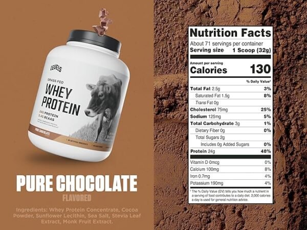 Levels Grass Fed Whey Protein Powder, No Artificials, 24G of Protein, Pure Chocolate, 5LB - Image 3