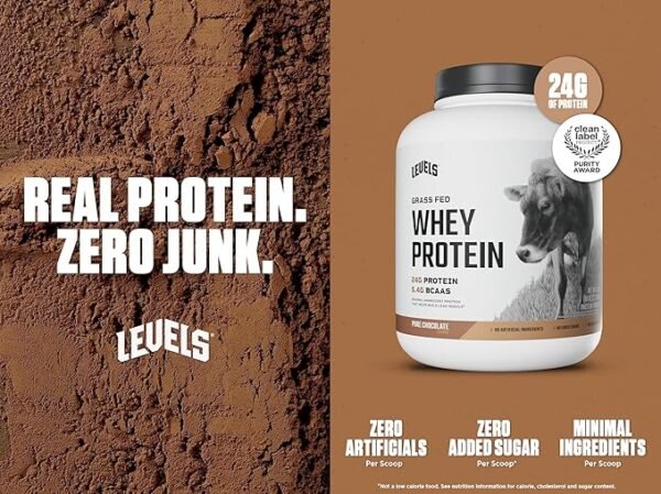 Levels Grass Fed Whey Protein Powder, No Artificials, 24G of Protein, Pure Chocolate, 5LB - Image 2