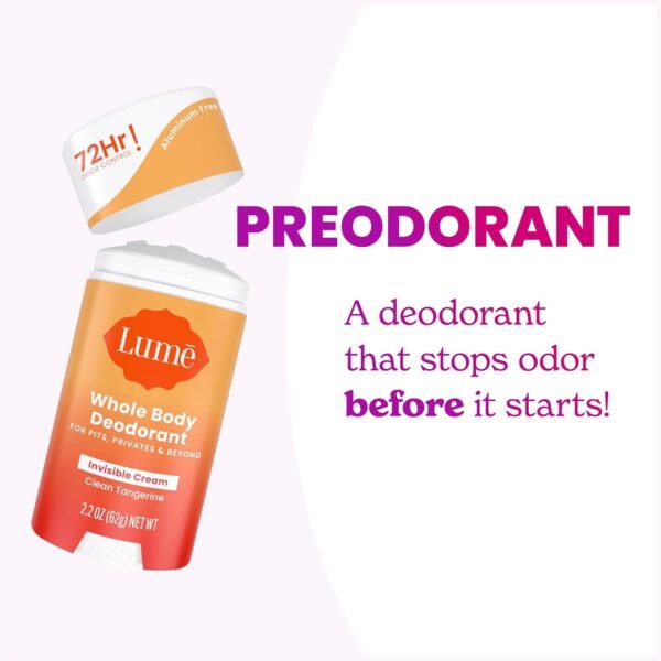 Lume Whole Body Deodorant - Invisible Cream Stick - 72 Hour Odor Control - Aluminum Free, Baking Soda Free, Skin Safe - 2.2 Ounce (Pack of 2) (Clean Tangerine) - Image 6