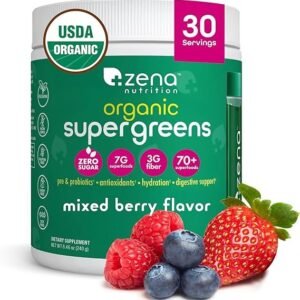 Organic Super Greens Powder, 70+ Superfoods, 0 Sugar, 3G Fiber, Spirulina, Chlorella, Antioxidants, Prebiotics/Probiotics, Digestive Enzymes, Mixed Berry, 30 Servings